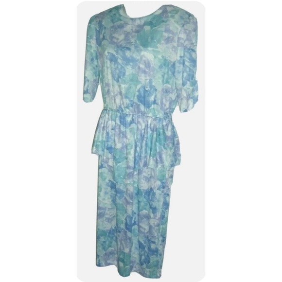 Vintage 70's TF Floral Peplum Dress Carrie Bradshaw Vibe Blue Flower Cottagecore - Picture 4 of 11